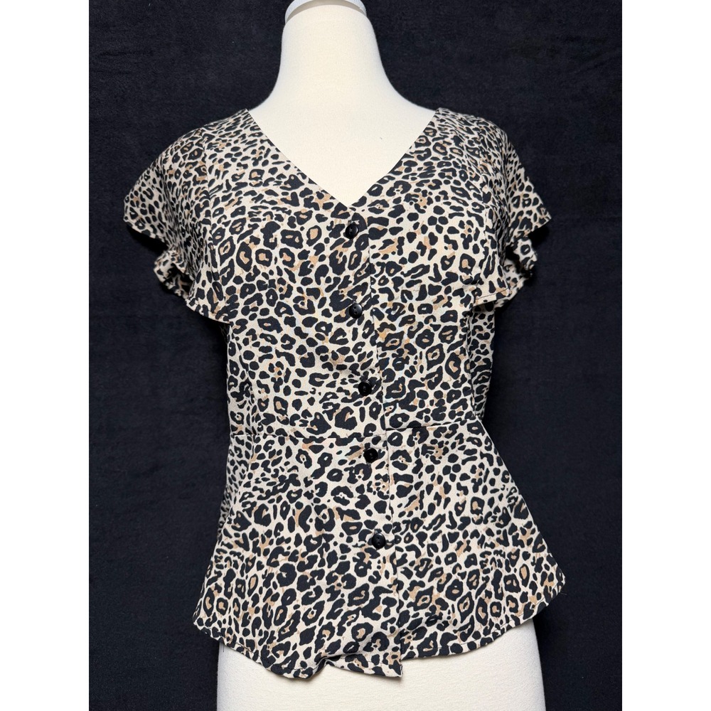 TRIXXI CLOTHING COMPANY Leopard Print V Neck Short Sleeve Peplum Top Womens S